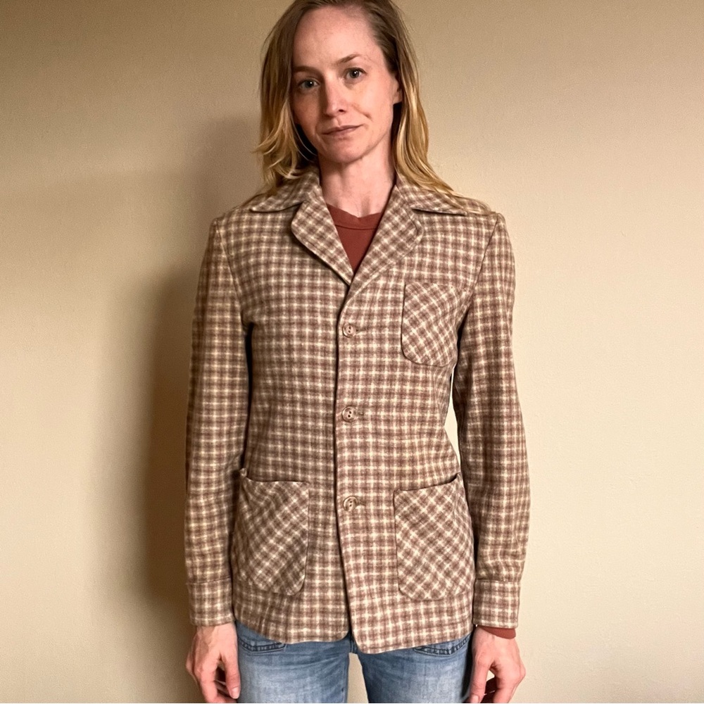Brown and Cream Plaid Wool Blazer